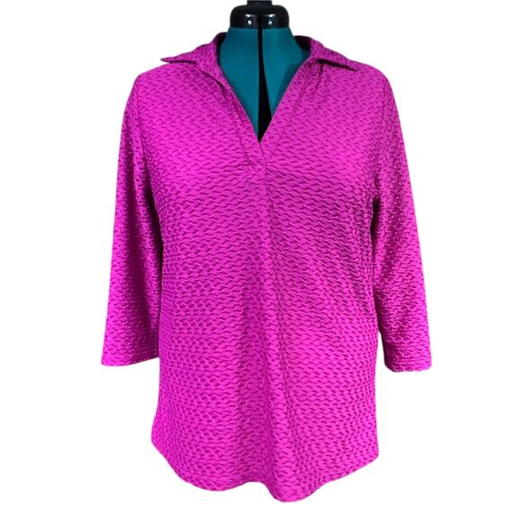 Lane Bryant Tops - Lane Bryant Textured 3/4 Sleeve Collared Tunic Blouse Plus Size 14/16 Hot Pink